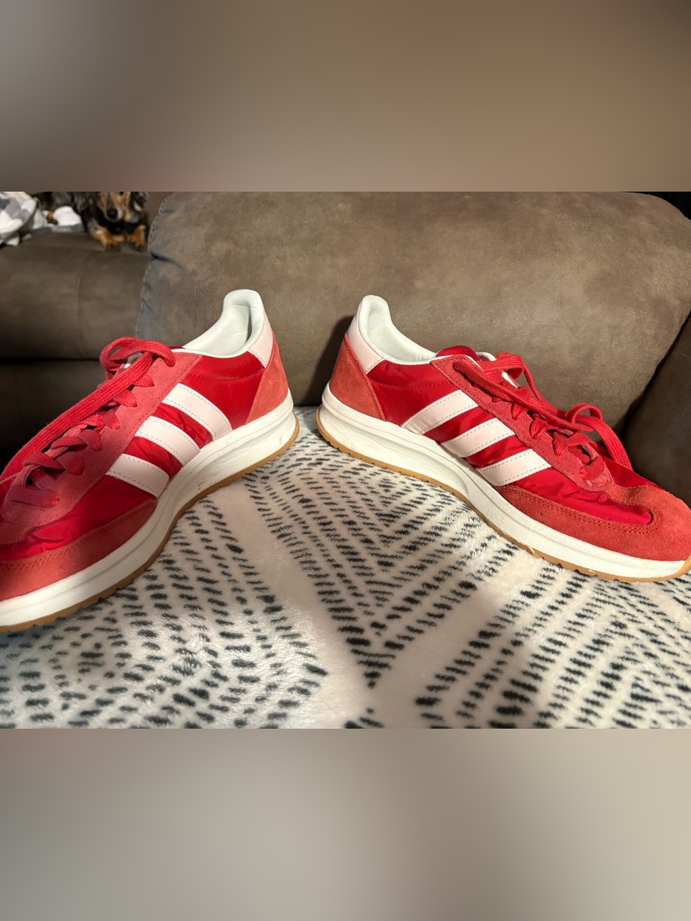 Red Women's Adidas Sneakers with White Stripes